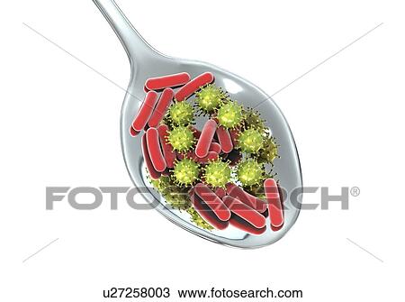 Stock Image - Foodborne infection, conceptual illustration. A foodborne infection is an infectious disease that develops after ingestion of pathogenic microorganisms with food. Many bacteria are causative agents of foodborne infections including Staphylococcus.... Fotosearch