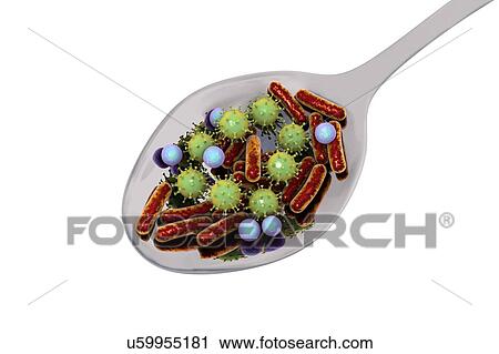 Stock Image - Foodborne infection, conceptual illustration. A foodborne infection is an infectious disease that develops after ingestion of pathogenic microorganisms with food. Many bacteria are causative agents of foodborne infections including Staphylococcus.... Fotosearch