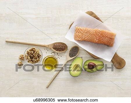Stock Photography - Foods high in omega three, studio shot.. Fotosearch