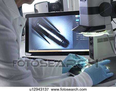 Stock Photo - Forensic scientist using a 3d stereo microscope to view markings on a bullet in the laboratory during a criminal investigation.. Fotosearch