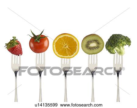 Stock Photo - Fresh fruit and vegetables on forks.. Fotosearch