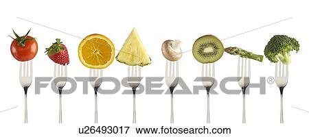 Stock Photo - Fresh fruit and vegetables on forks.. Fotosearch