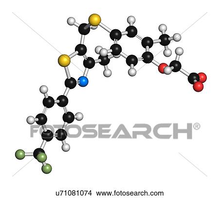 Picture - GW501516 (endurobol) performance enhancing drug molecule (illegal). 3D rendering. Atoms are represented as spheres with conventional colour-coding: hydrogen (white), carbon (black), oxygen (red), nitrogen (blue), sulfur (yellow), fluorine (light green).. Fotosearch