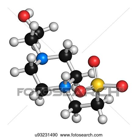 Stock Image - HEPES buffering agent molecule. 3D rendering. Atoms are represented as spheres with conventional colour-coding: hydrogen (white), carbon (black), oxygen (red), nitrogen (blue), sulfur (yellow).. Fotosearch