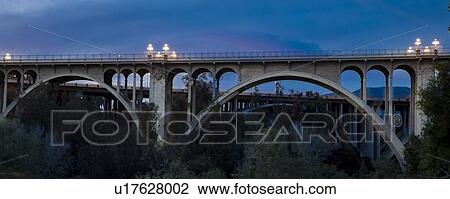 Stock Image - Historic Colorado Bridge Arches at dusk, Pasadena, CA. Fotosearch