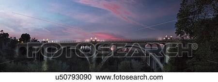 Stock Image - Historic Colorado Bridge Arches at dusk, Pasadena, CA. Fotosearch