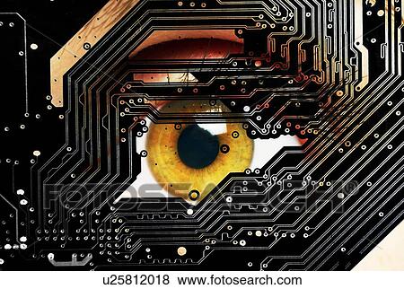 Stock Photo - Human eye looking through circuit board.. Fotosearch