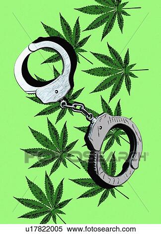 Stock Photography - Illegal drugs, conceptual illustration. Cannabis leaves and handcuffs.. Fotosearch