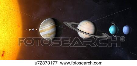 Stock Photo - Illustration comparing the planets of the Solar System and the Sun on the same scale. The planets are shown to scale relative to each other but their distances are not. From left to right the bodies are: the Sun, Mercury, Venus, Earth, Mars, Jupiter,.... Fotosearch