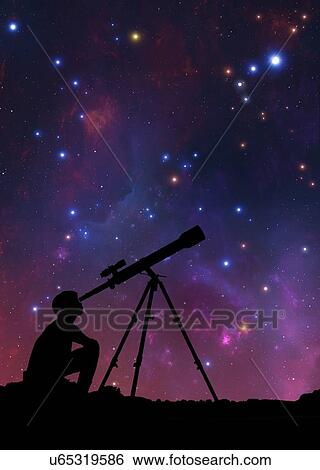 Stock Photograph - Illustration of a boy looking through a telescope, seen in silhouette against the star clouds of the Milky Way. The boy is using a refracting telescope.. Fotosearch