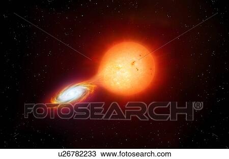 Stock Image - Illustration of a cataclysmic binary, in which a red dwarf (right) is in orbit around a white dwarf. The proximity of the two stars allows the white dwarf's gravity to gradually peel off the atmosphere of its companion. The stolen gas swirls around.... Fotosearch