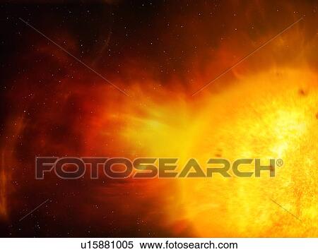 Stock Photography - Illustration of a coronal mass ejection (CME) emanating from the Sun. These events are powerful releases of solar charged particles (plasma) and magnetic field, travelling on the solar wind. When a CME hits Earth, it can cause a geomagnetic storm.... Fotosearch