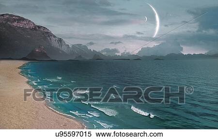 Illustration of a hypothetical moon, covered in water, orbiting a giant exoplanet. The exoplanet is within the star's habitable zone, which allows for the presence of liquid water on its moons. View Large Photo Image Stock Photography - Illustration of a hypothetical moon, covered in water, orbiting a giant exoplanet. The exoplanet is within the star's habitable zone, which allows for the presence of liquid water on its moons.. Fotosearch