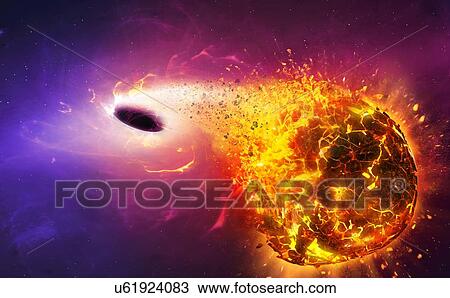 Stock Image - Illustration of a planet being consumed by a black hole. As the planet approaches the collapsed star, tidal forces rip it to pieces, because of the much greater gravitational pull on the side of the planet nearest to the black hole.. Fotosearch