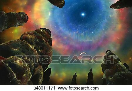 Illustration of a planetary nebula seen from a nearby planet. The planet features towering structures, somewhat like those found on the Galilean moon Callisto. View Large Photo Image Stock Image - Illustration of a planetary nebula seen from a nearby planet. The planet features towering structures, somewhat like those found on the Galilean moon Callisto.. Fotosearch