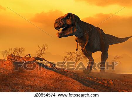Picture - Illustration of a Tyrannosaurus rex approaching a dinosaur carcass. Tyrannosaurus was one of the very last dinosaurs, wiped out 65 million years ago during the extinction event that ended the Cretaceous period. Scientists believe that the incident was.... Fotosearch