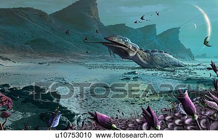 Stock Image - Illustration of alien creatures on a hospitable foreign world. View from the surface of an inhabited rocky moon orbiting a gas-giant exoplanet. The planet is encircled by a series of rings, similar to Saturn in our own Solar System. The moon is.... Fotosearch