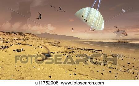 Illustration of alien creatures on a hospitable foreign world. View from the surface of an inhabited rocky moon orbiting a gas-giant exoplanet. The planet is encircled by a series of rings, similar to Saturn in our own Solar System. The moon is... View Large Photo Image Stock Photograph - Illustration of alien creatures on a hospitable foreign world. View from the surface of an inhabited rocky moon orbiting a gas-giant exoplanet. The planet is encircled by a series of rings, similar to Saturn in our own Solar System. The moon is.... Fotosearch