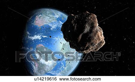 Stock Photograph - Illustration of an asteroid approaching Earth during the Cretaceous period, poised to exterminate the dinosaurs. Near-Earth asteroids are a constant threat to our planet. Fotosearch