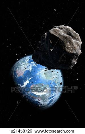 Stock Photograph - Illustration of an asteroid approaching the Cretaceous Earth, poised to exterminate the dinosaurs. Near-Earth asteroids are a constant threat to our planet.. Fotosearch