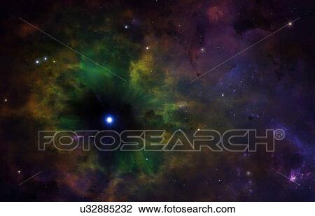 Stock Image - Illustration of an imaginary planetary nebula. This is a glowing shell of gas cast off by a star near the end of its life. The star can be seen at the centre of the nebula. The Sun will one day form a planetary nebula, once its internal stock of.... Fotosearch