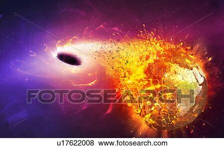 Stock Photo - Illustration of Earth being consumed by a black hole. As the planet approaches the collapsed star, tidal forces rip it to pieces, because of the much greater gravitational pull on the side of the planet nearest to the black hole.. Fotosearch