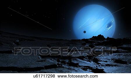 Stock Photo - Illustration of Neptune seen from the surface of its largest moon, Triton. Triton has one of the coldest surfaces in the known Solar System. In this image we see Triton at night, with the Sun below the horizon to the rear. The surface is lit only by.... Fotosearch