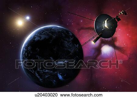 Stock Image - Illustration of one of the Voyager probes passing an earthlike planet orbiting a binary star system in the distant future. A nebula is seen in the background. The two Voyager probes were launched in the late 1970s. Voyager 1 has now passed into.... Fotosearch