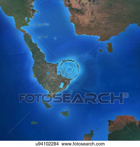 Illustration of the Chicxulub crater, shortly after its formation. This crater was formed 66 million years ago, off the coast of present-day Mexico, following the impact of an asteroid 10-14 kilometres across. The asteroid is widely believed to have... View Large Photo Image Picture - Illustration of the Chicxulub crater, shortly after its formation. This crater was formed 66 million years ago, off the coast of present-day Mexico, following the impact of an asteroid 10-14 kilometres across. The asteroid is widely believed to have.... Fotosearch