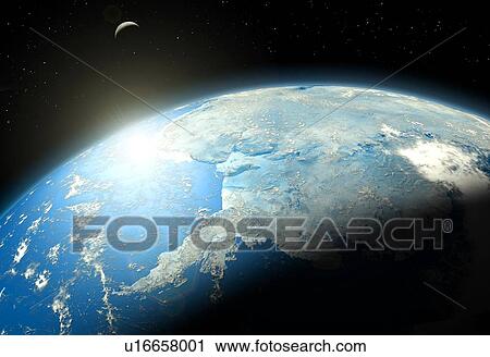 Illustration of the Earth from space. This is a view over Antarctica. The Moon is also visible. View Large Photo Image Stock Image - Illustration of the Earth from space. This is a view over Antarctica. The Moon is also visible.. Fotosearch