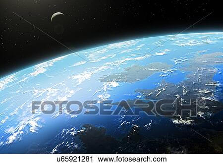 Stock Image - Illustration of the Earth from Space. This is a view over Europe, centred on the United Kingdom and France. The Moon is also visible.. Fotosearch