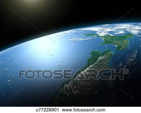 Stock Image - Illustration of the Earth from Space. This is a view centred on New Zealand. Fotosearch