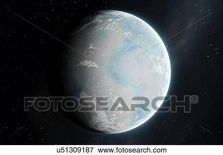 Stock Photo - Illustration of the Earth, with the continents in their present form, but with the planet completely iced over. The snowball Earth hypothesis suggests that, hundreds of millions of years ago, the Earth may have frozen solid like this as a result of.... Fotosearch