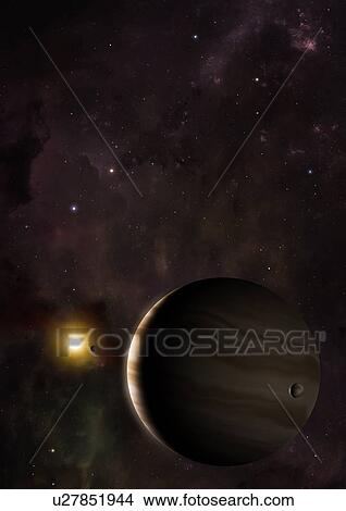 Illustration of the exoplanet (extrasolar planet) Wasp 39b. Wasp 39b is a so-called hot Saturn, with a mass about one-third that of Jupiter. It orbits its host star, Wasp 39, at a distance of only 0. 05 astronomical units, around a tenth of the... View Large Photo Image Picture - Illustration of the exoplanet (extrasolar planet) Wasp 39b. Wasp 39b is a so-called hot Saturn, with a mass about one-third that of Jupiter. It orbits its host star, Wasp 39, at a distance of only 0. 05 astronomical units, around a tenth of the.... Fotosearch