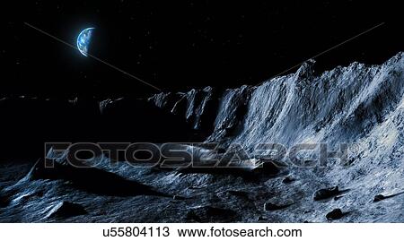 Illustration of the lunar landscape seen from its surface, with Earth in the sky. The Earth is in quarter phase. Seen from the Moon, the Earth appears roughly four times bigger than the Moon does in Earth’s sky, and around 50 times brighter. This is... View Large Photo Image Stock Image - Illustration of the lunar landscape seen from its surface, with Earth in the sky. The Earth is in quarter phase. Seen from the Moon, the Earth appears roughly four times bigger than the Moon does in Earth’s sky, and around 50 times brighter. This is.... Fotosearch