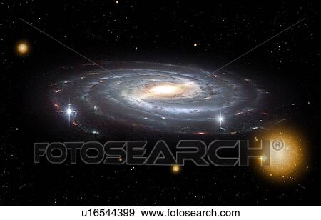 Illustration of the Milky Way Galaxy seen from an oblique vantage point. Shown are the central bar, spiral arms and several globular clusters. View Large Photo Image Stock Photo - Illustration of the Milky Way Galaxy seen from an oblique vantage point. Shown are the central bar, spiral arms and several globular clusters.. Fotosearch