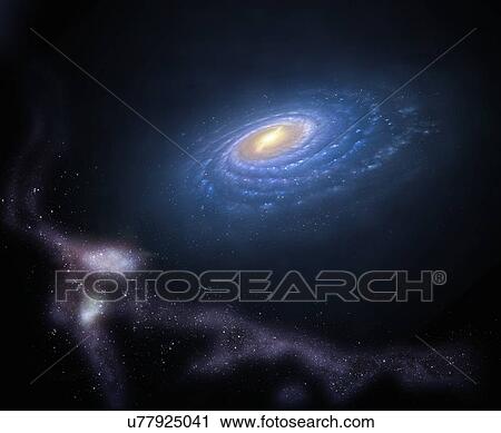 Stock Image - Illustration of the Milky Way's so-called Magellanic Stream. This is a stream of fast-moving gas clouds orbiting our galaxy, associated with the two small galaxies called the Magellanic Clouds. As these galaxies orbit the Milky Way, tidal forces pull.... Fotosearch