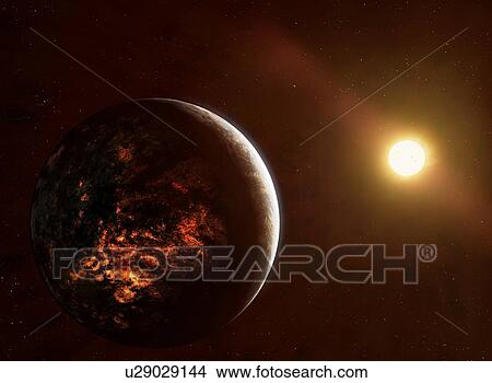 Picture - Illustration of the planet 55 Cancri e, also called Janssen. This is an exoplanet orbiting 55 Cancri A. Its mass is thought to be around 8. 6 Earth masses, making it a so-called 'Super-Earth'. The planet orbits its star so closely that it completes an.... Fotosearch