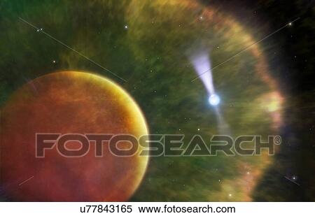 Illustration of the so-called Black Widow Pulsar. This is a pulsar (right), a rapidly rotating neutron star, discovered in 1988, which is in orbit around a brown dwarf (left). The name black widow is applied because the companion to the pulsar is... View Large Photo Image Stock Photography - Illustration of the so-called Black Widow Pulsar. This is a pulsar (right), a rapidly rotating neutron star, discovered in 1988, which is in orbit around a brown dwarf (left). The name black widow is applied because the companion to the pulsar is.... Fotosearch