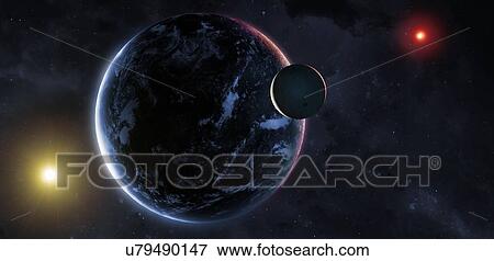 Stock Photo - Illustration of the star Nemesis (right), once hypothesised to orbit the Sun (left) on a very elongated path, as seen from the Earth and Moon. Nemesis is a red dwarf, the most common variety of star.. Fotosearch