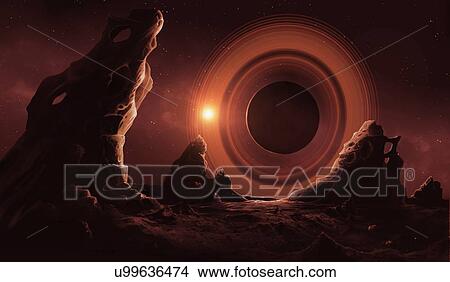 Picture - Illustration of the view from an exomoon orbiting a ringed exoplanet in a polar orbit. The exomoon is depicted as rocky, with large stalagmite-type formations on its surface. Its parent is a gas giant with a series of bright rings, similar to.... Fotosearch