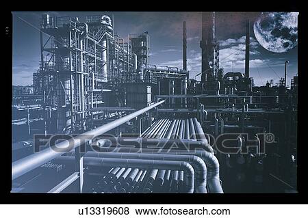 Large refinery at night with a full moon. View Large Photo Image Stock Photo - Large refinery at night with a full moon.. Fotosearch