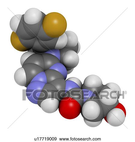 Stock Photo - Larotrectinib cancer drug molecule. 3D rendering. Atoms are represented as spheres with conventional colour-coding: hydrogen (white), carbon (grey), nitrogen (blue), oxygen (red), fluorine (gold).. Fotosearch