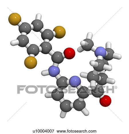Stock Photo - Lasmiditan migraine drug molecule. 3D rendering. Atoms are represented as spheres with conventional colour-coding: hydrogen (white), carbon (grey), nitrogen (blue), oxygen (red), fluorine (gold).. Fotosearch