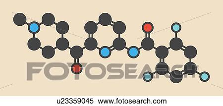 Stock Photography - Lasmiditan migraine drug molecule. Stylized skeletal formula (chemical structure): Atoms are shown as colour-coded circles: hydrogen (hidden), carbon (grey), nitrogen (blue), oxygen (red), fluorine (cyan).. Fotosearch