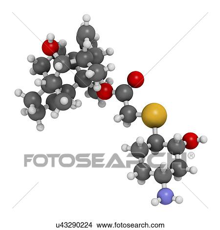 Picture - Lefamulin antibiotic drug molecule. 3D rendering. Atoms are represented as spheres with conventional colour-coding: hydrogen (white), carbon (grey), nitrogen (blue), oxygen (red), sulfur (yellow).. Fotosearch