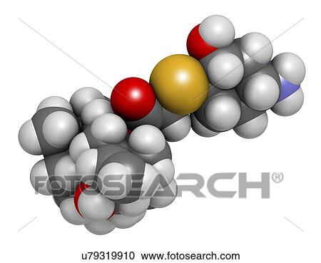 Stock Image - Lefamulin antibiotic drug molecule. 3D rendering. Atoms are represented as spheres with conventional colour-coding: hydrogen (white), carbon (grey), nitrogen (blue), oxygen (red), sulfur (yellow).. Fotosearch