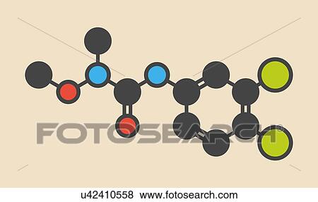 Stock Photo - Linuron herbicide molecule. Stylized skeletal formula (chemical structure): Atoms are shown as colour-coded circles: hydrogen (hidden), carbon (grey), oxygen (red), nitrogen (blue), chlorine (green).. Fotosearch