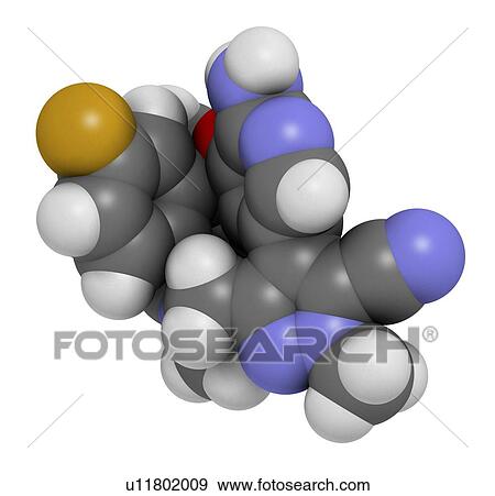 Stock Photo - Lorlatinib cancer drug molecule. 3D rendering. Atoms are represented as spheres with conventional colour-coding: hydrogen (white), carbon (grey), nitrogen (blue), oxygen (red), fluorine (gold).. Fotosearch