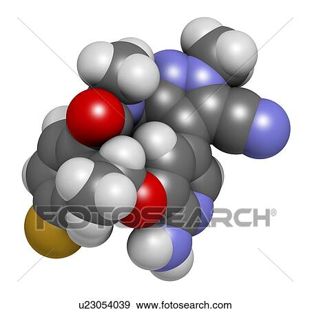 Stock Photo - Lorlatinib cancer drug molecule. 3D rendering. Atoms are represented as spheres with conventional colour-coding: hydrogen (white), carbon (grey), nitrogen (blue), oxygen (red), fluorine (gold).. Fotosearch